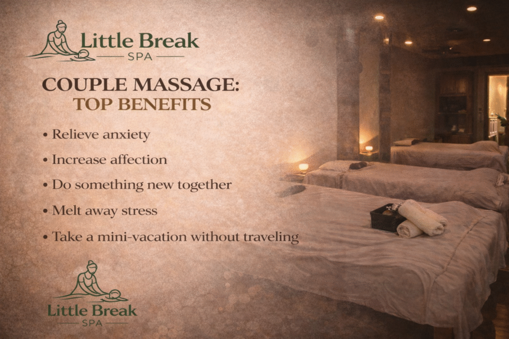 Couples massage session at Little Break Spa in St. Louis Park Minneapolis promoting relaxation, stress relief, and personalized massage therapy