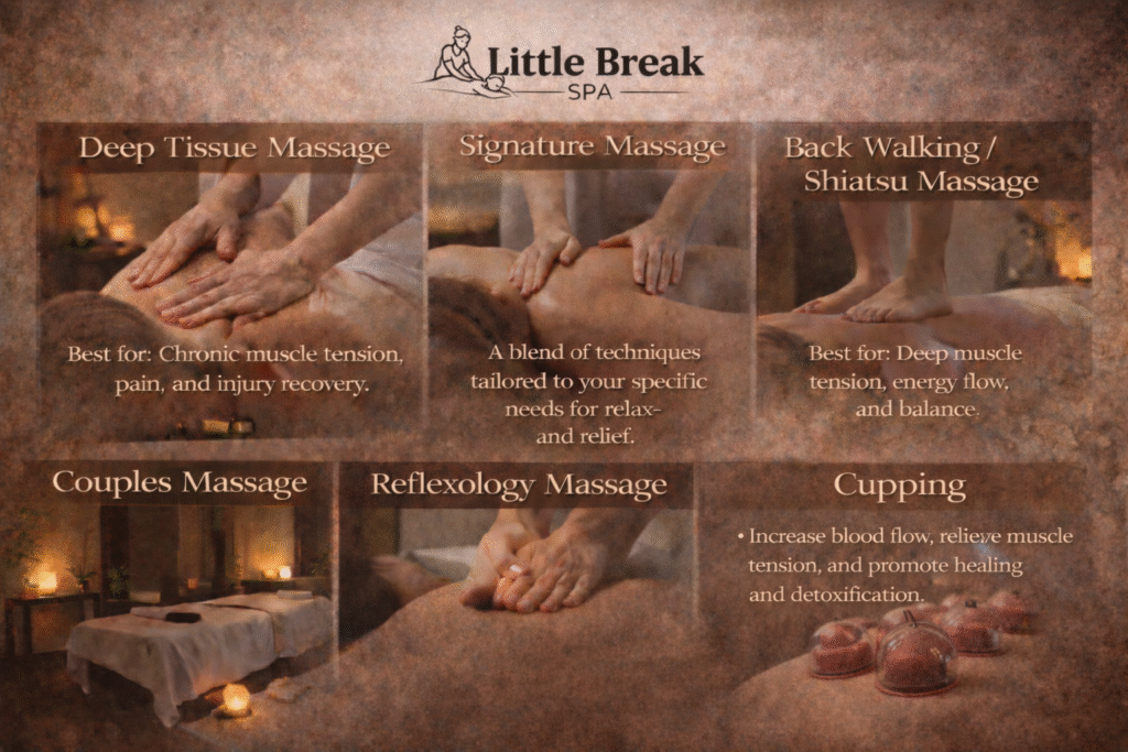 Massage services in St. Louis Park at Little Break Spa, featuring deep tissue massage, signature massage, couples massage, reflexology, and Shiatsu.