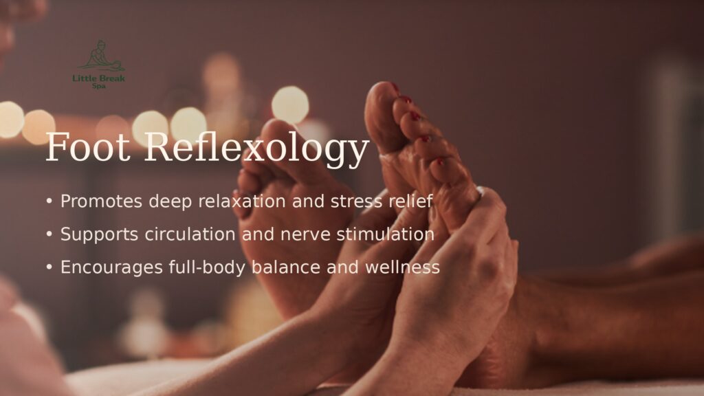 Foot reflexology massage at Little Break Spa in St. Louis Park Minneapolis showing therapeutic foot pressure treatment for relaxation and wellness