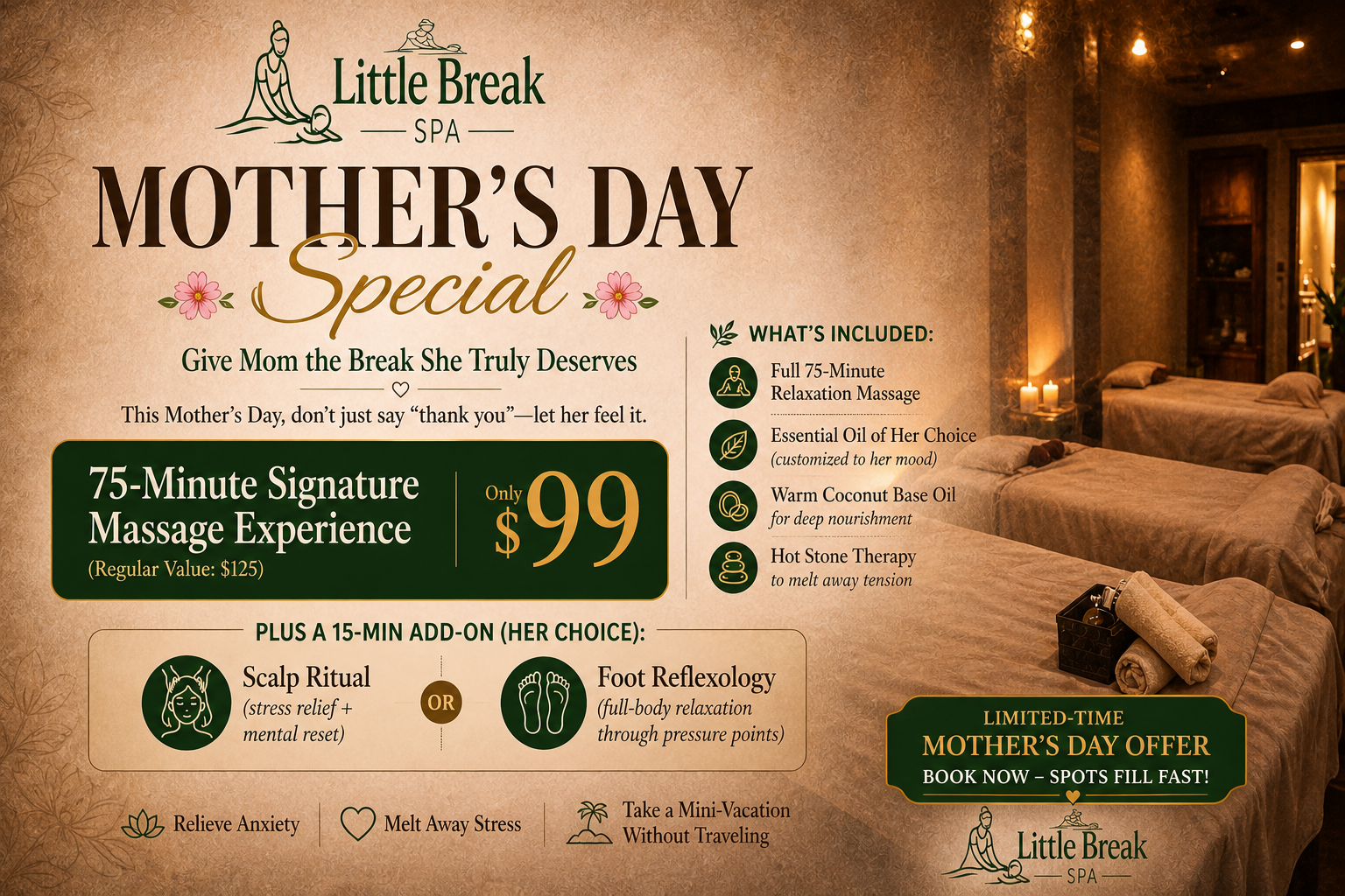 Mother’s Day spa special at Little Break Spa featuring 75-minute relaxation massage with hot stones and add-on options